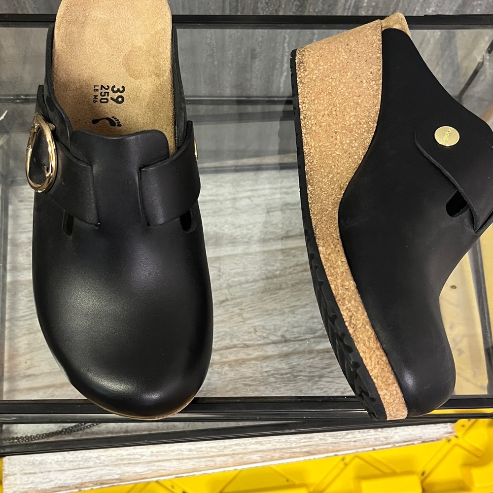Birkenstock Black Mules with Cork Wedge